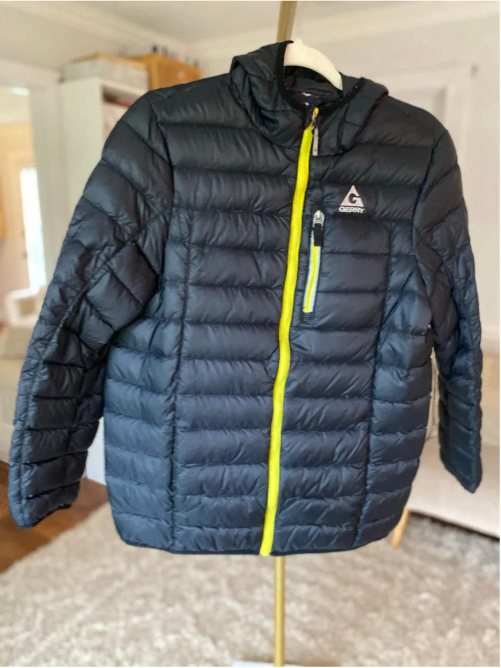 Gerry Down Puffer Jacket Hooded Yellow Zip Lightweight Gorpcore Coat Hiking Camp
